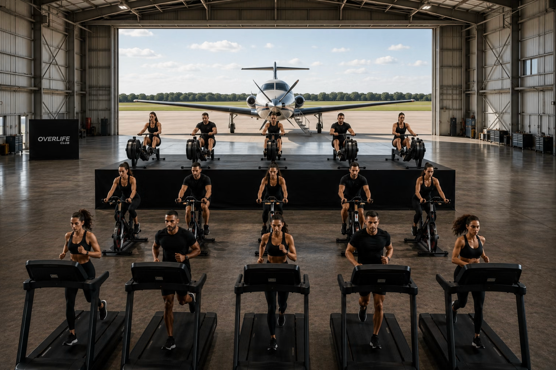 Treino coletivo dentro do hangar da Airport Experience - Overlife Club com esteiras, bikes e remos diante de um jato