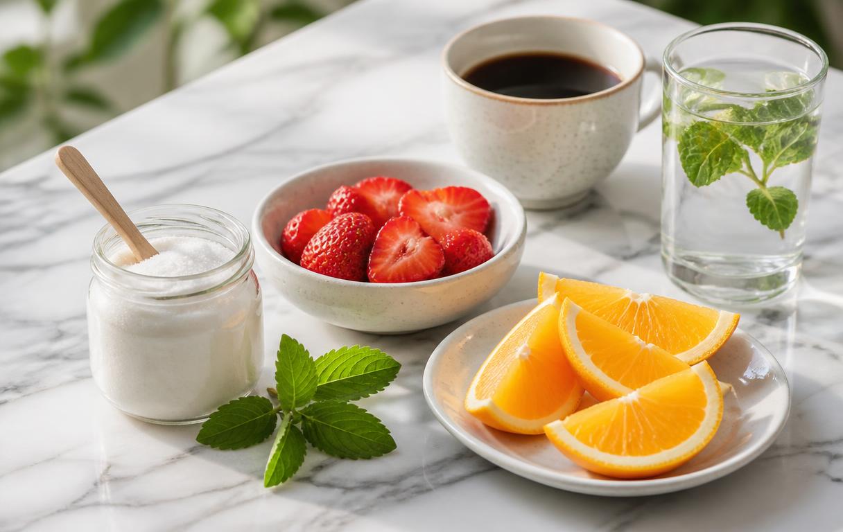Mesa clara com adoçantes naturais, frutas frescas e uma xícara de café, luz natural