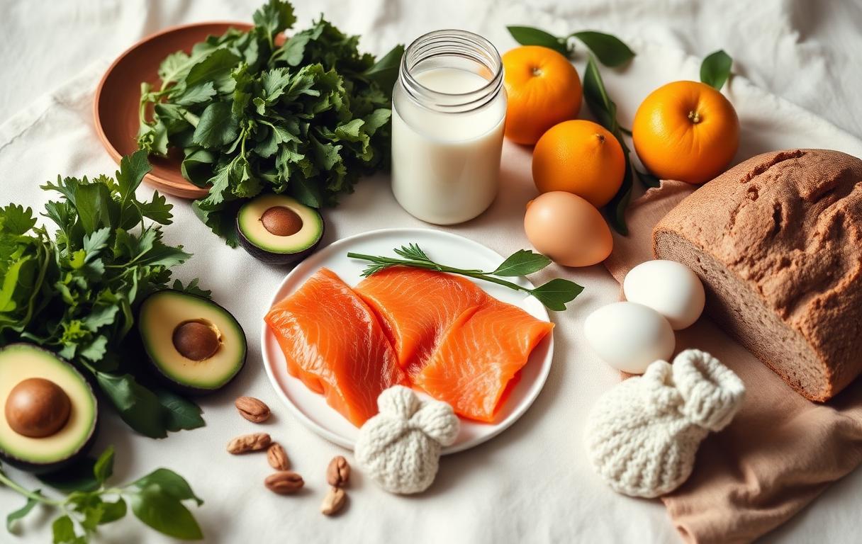 Alimentos para gestantes: folhas verdes, salmão, ovos, leite, laranjas, abacate e pão integral sobre tecido claro