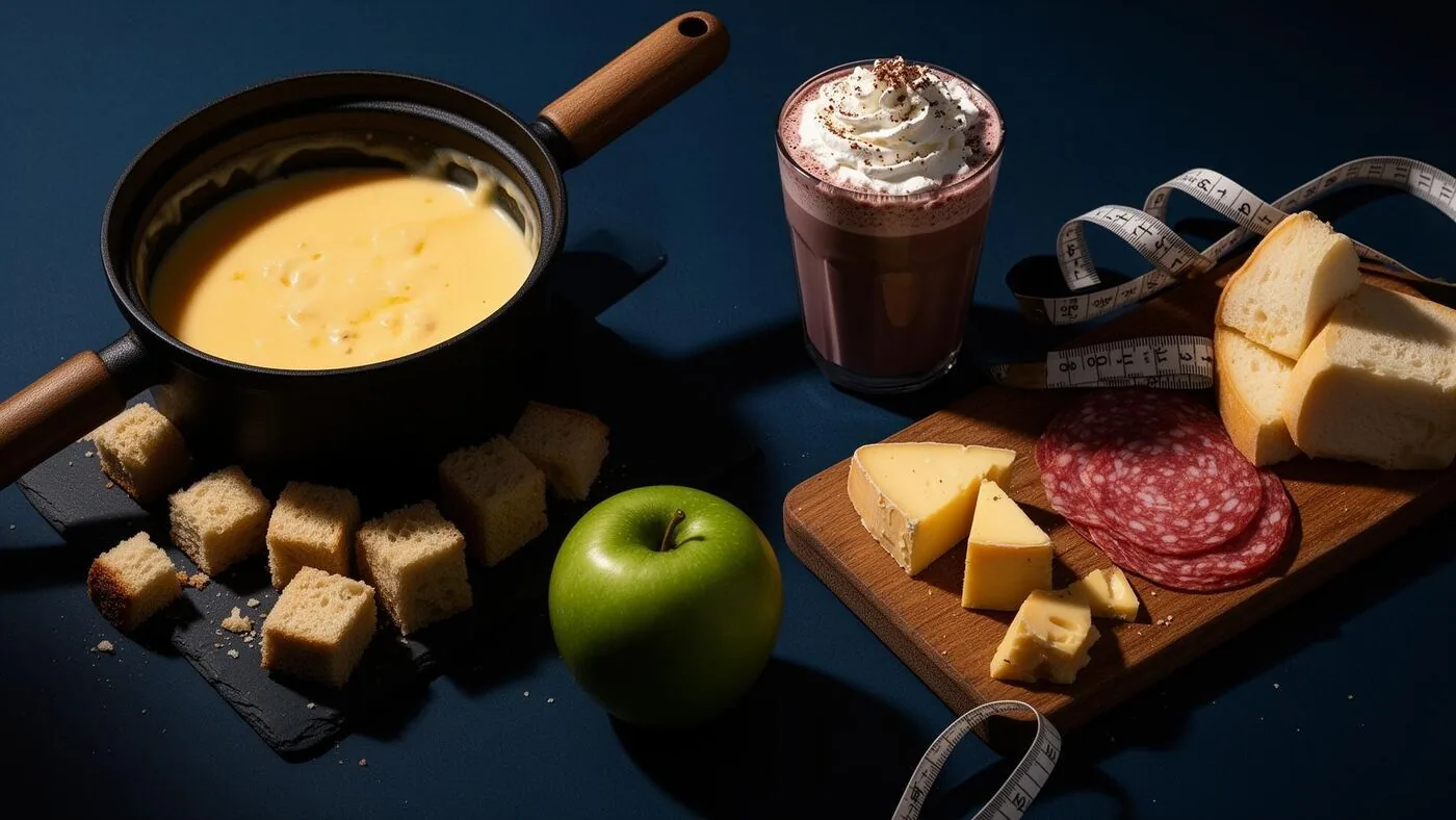 Panela de fondue de queijo, chocolate quente com chantilly, tábua de frios e fita métrica sobre fundo escuro