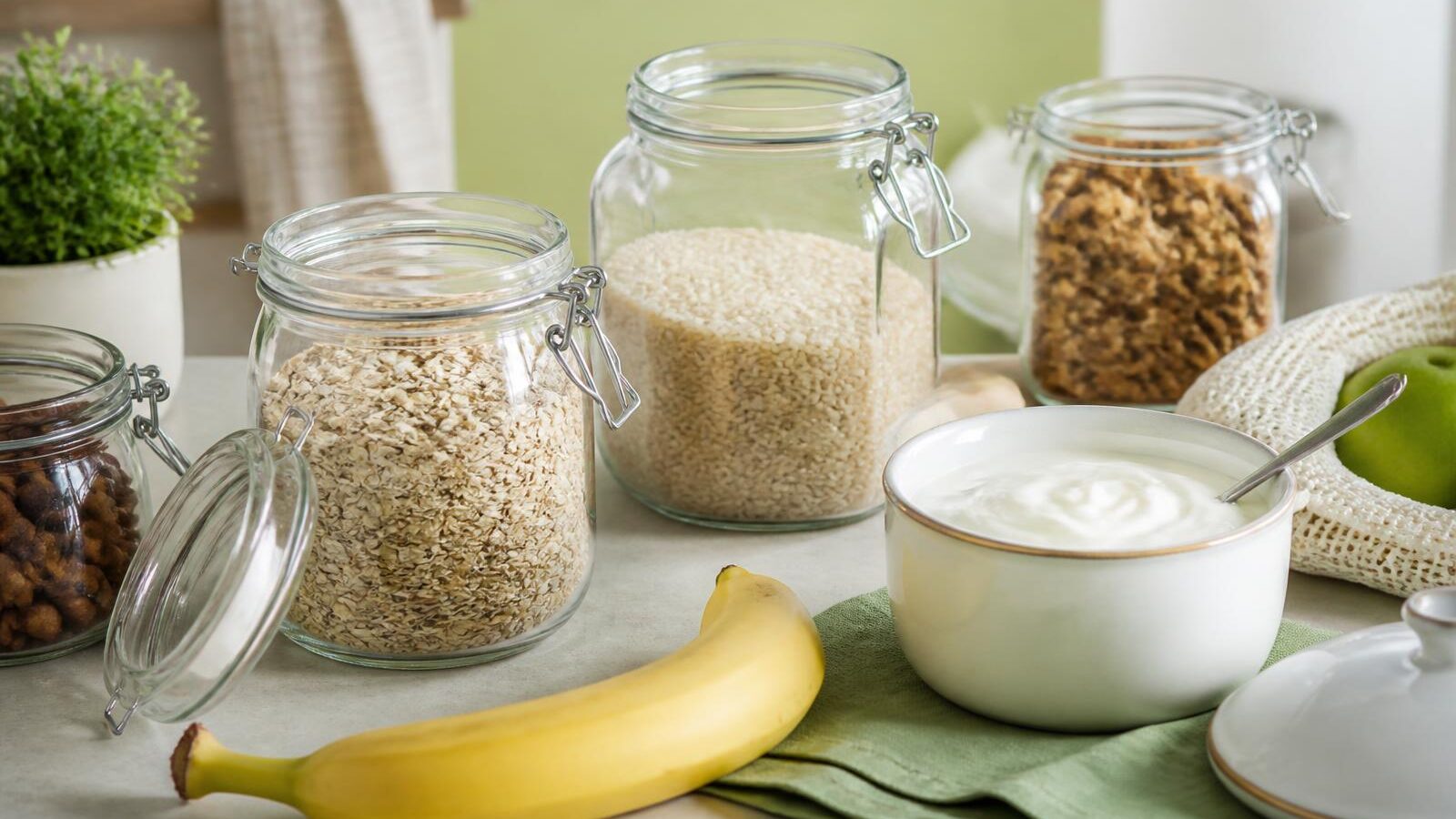 Potes de vidro abertos com aveia, arroz e castanhas ao lado de banana e iogurte natural sobre bancada de cozinha clara com luz natural da manhã