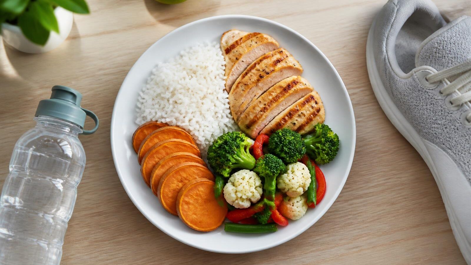 Refeição completa de atleta com arroz, batata doce, frango grelhado e legumes em prato branco sobre mesa de madeira clara, ao lado de garrafa de água, com luz natural de janela