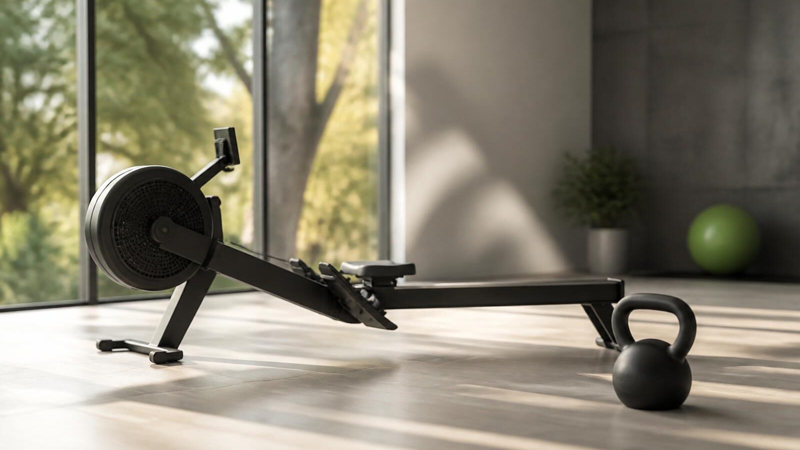Remo ergômetro e kettlebell posicionados em piso claro de ginásio vazio com luz natural entrando por janela ampla