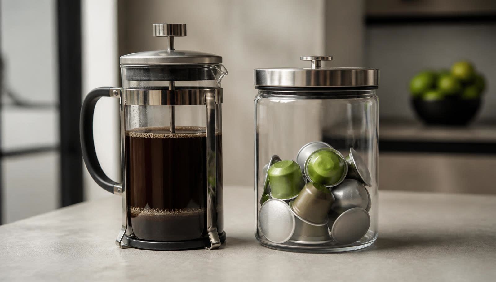 Prensa francesa com café ao lado de um pote fechado de cápsulas sobre bancada clara, comparando café e suplemento de cafeína