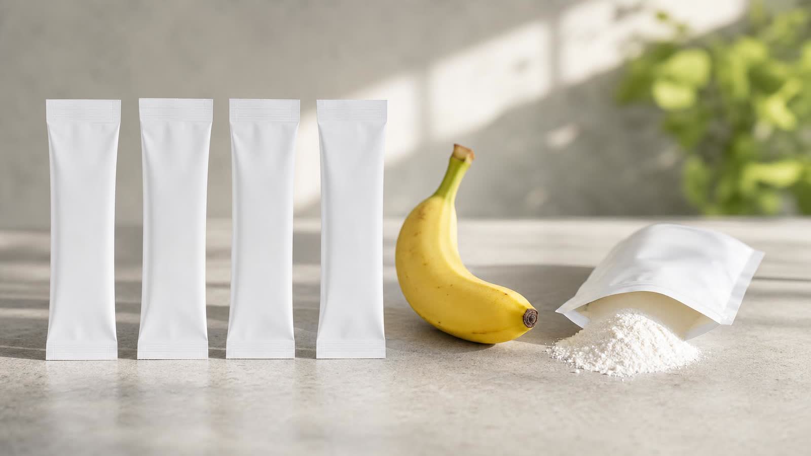Sachês de gel energético sem rótulo alinhados ao lado de uma banana e de um sachê aberto de pó para bebida esportiva sobre bancada clara