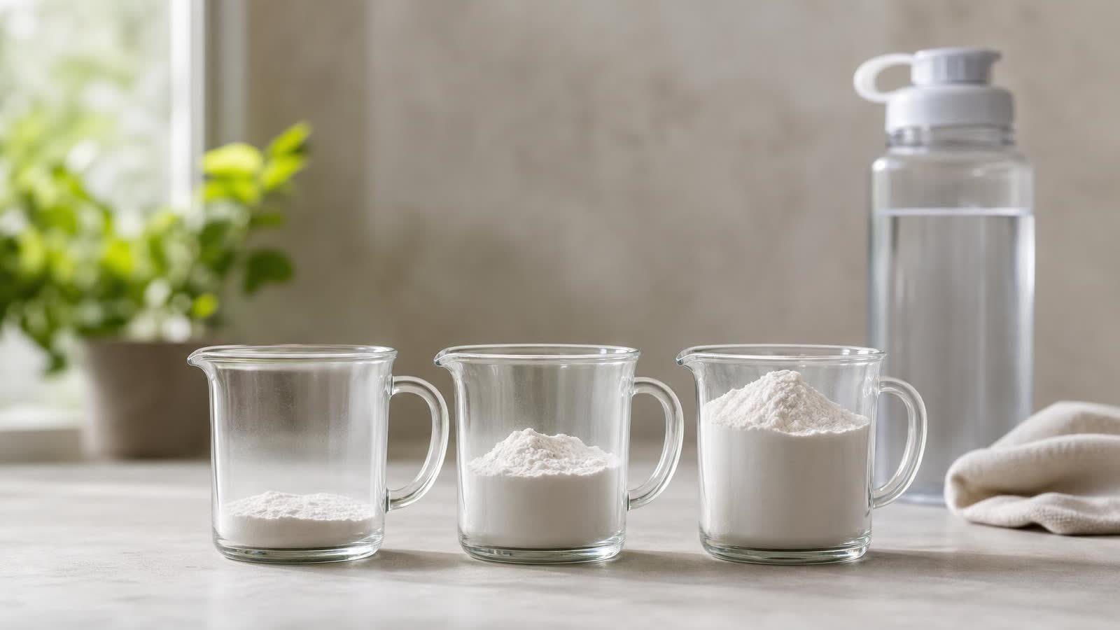 Três copos medidores transparentes lado a lado com quantidades crescentes de pó branco para bebida esportiva e uma garrafa esportiva ao fundo
