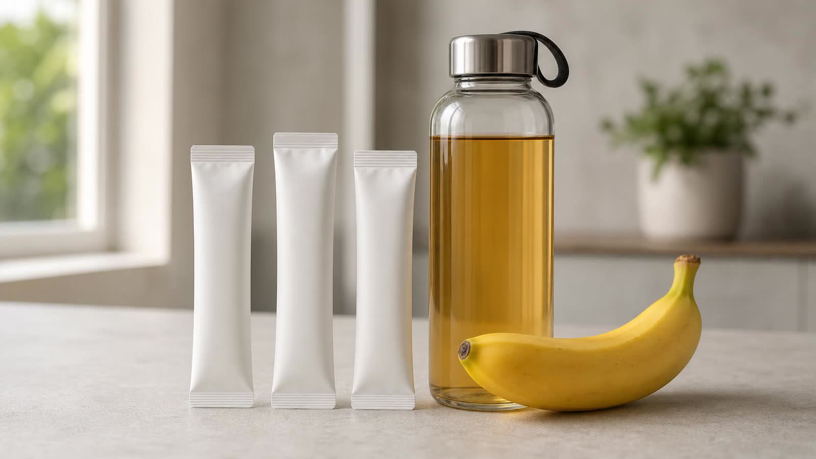 Géis de carboidrato, garrafa com bebida esportiva e frutas sobre bancada clara, luz natural