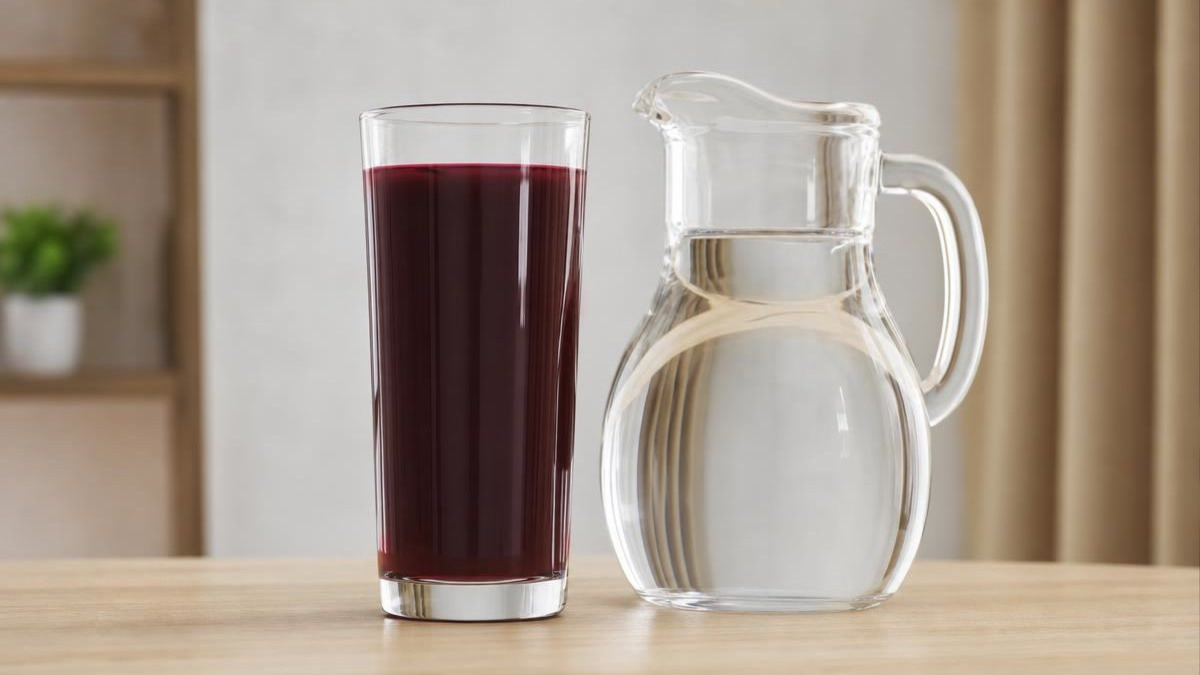 Copo de vidro alto com suco concentrado de cereja ácida vermelho escuro ao lado de jarra de água sobre bancada de madeira clara