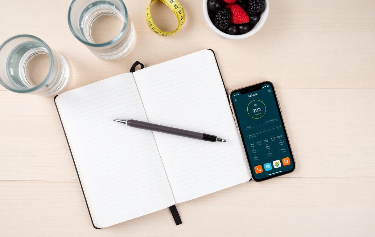 Caderno aberto, caneta e celular com app de acompanhamento nutricional ao lado de fita métrica e bowl de frutas
