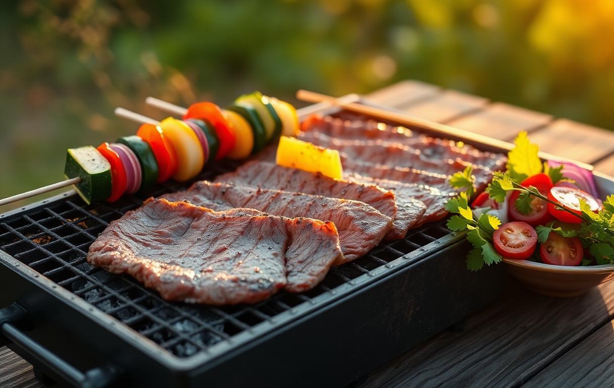 Churrasqueira externa com cortes magros de carne grelhada, espetinhos de legumes coloridos e uma salada fresca sobre mesa de madeira rústica sob luz natural de fim de tarde