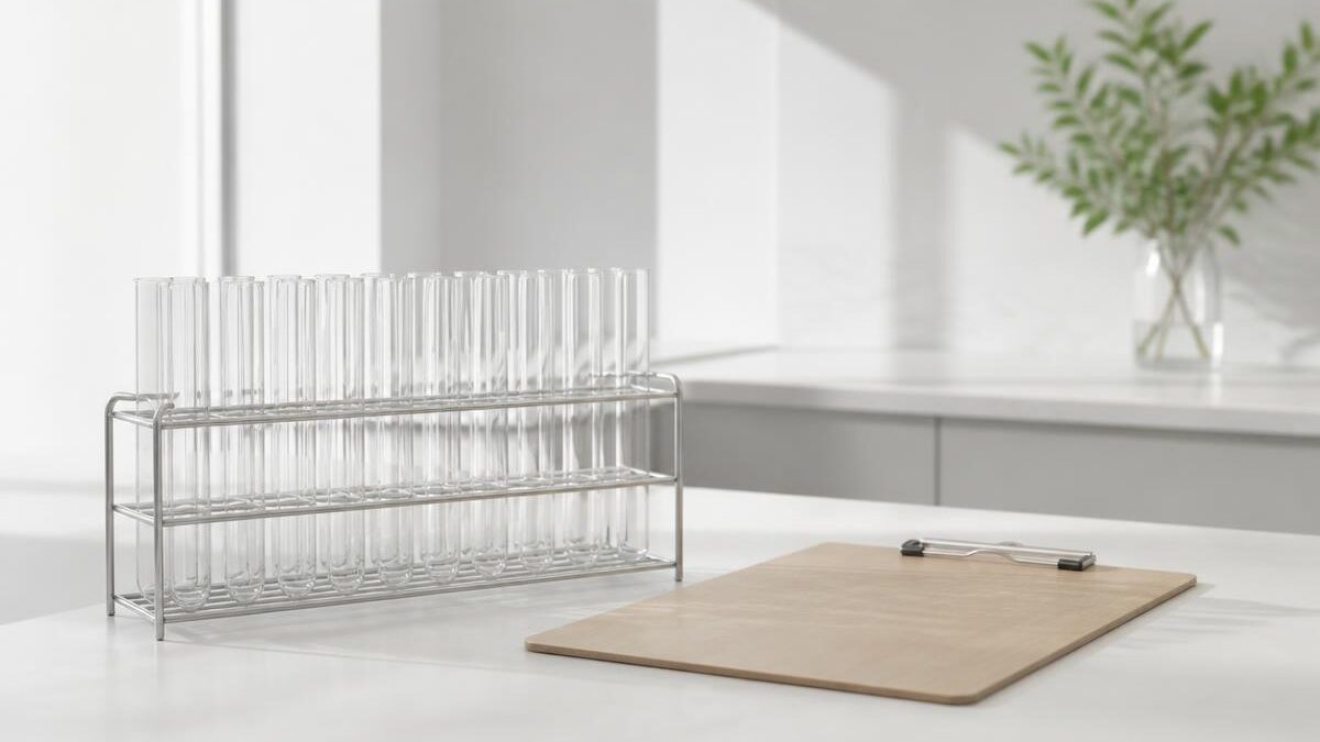 Bancada de laboratório clínico branca com tubos de coleta de sangue de vidro transparentes e vazios em suporte metálico, sob luz natural lateral, com folhagem verde desfocada ao fundo