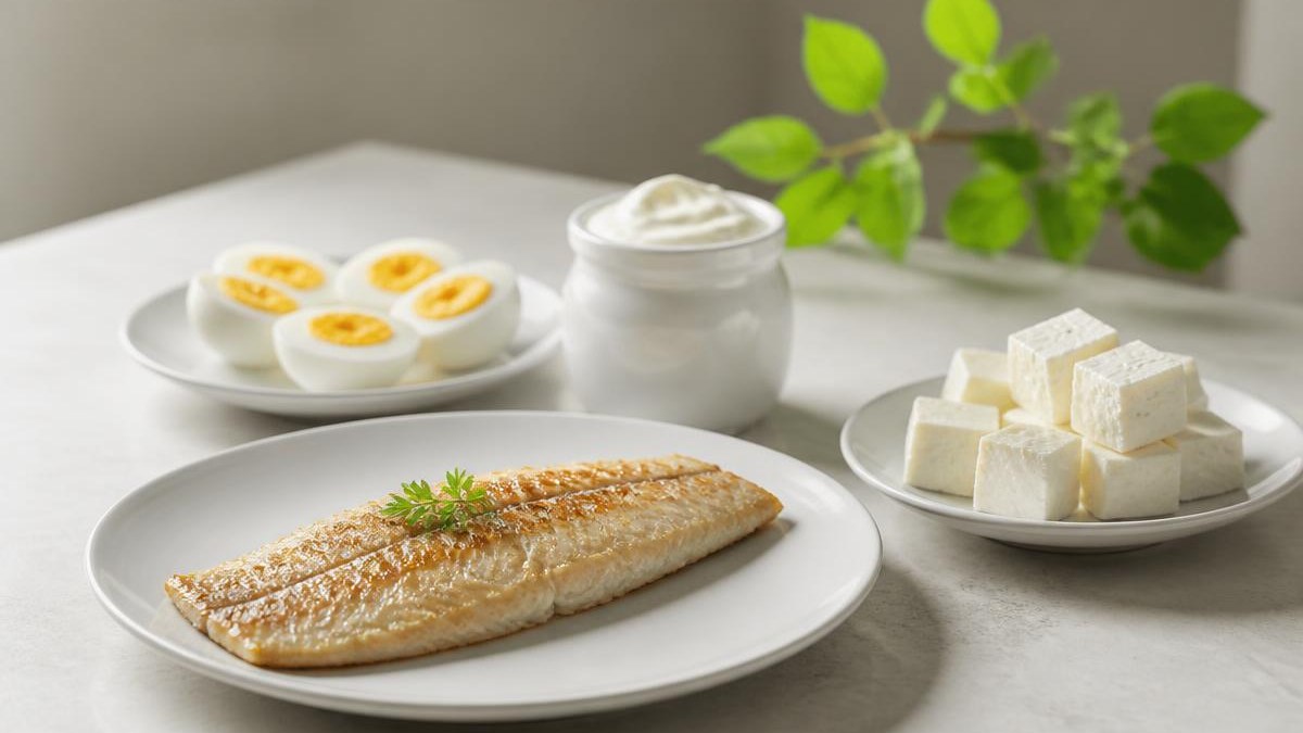 Fontes de proteína servidas em louça branca sobre bancada de pedra clara, com filé de peixe grelhado, ovos cozidos partidos ao meio, pote de iogurte natural sem rótulo e queijo branco em cubos, sob luz natural