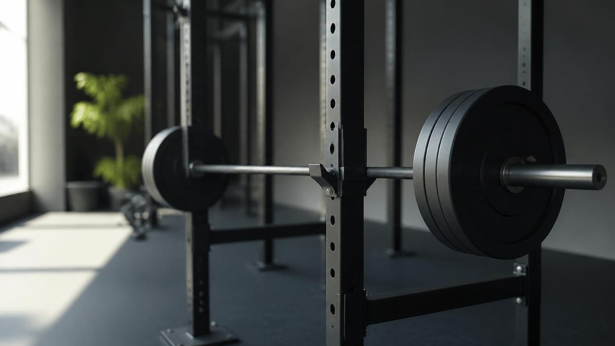Barra olímpica carregada com anilhas apoiada em rack de aço dentro de academia limpa e minimalista, com piso de borracha escuro e luz natural entrando por janela lateral