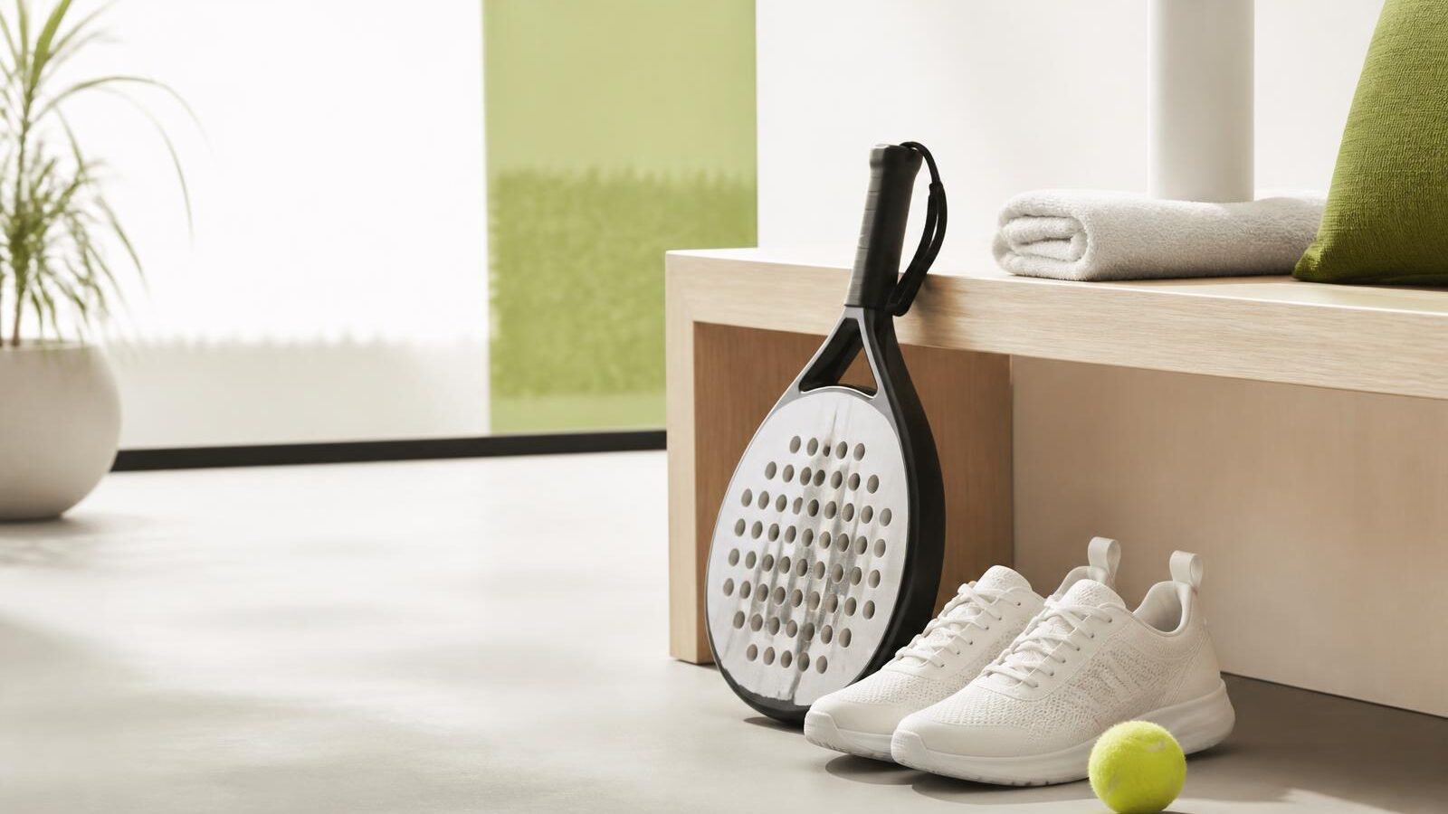 Raquete de padel apoiada em banco de madeira clara ao lado de par de tênis esportivo neutro e uma bola em ambiente claro