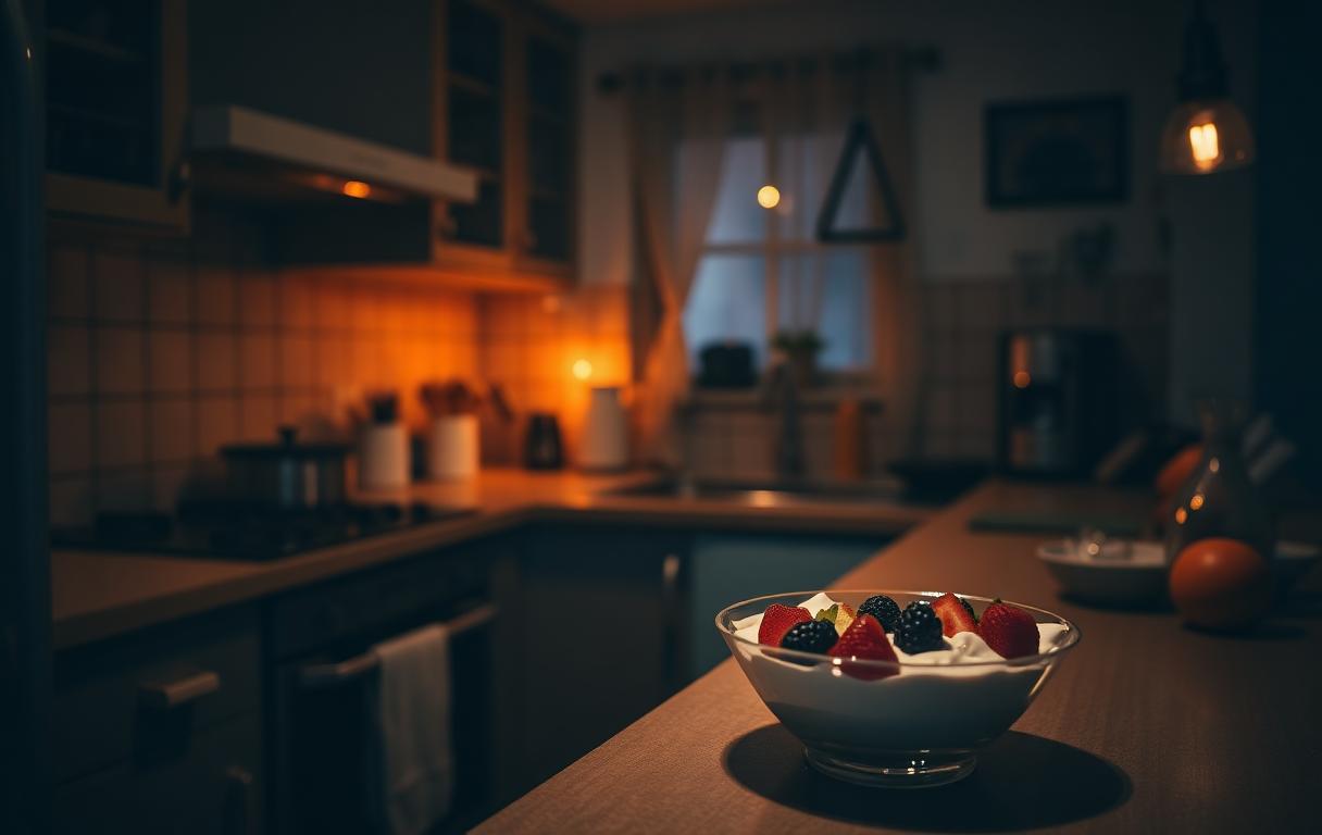 Cozinha residencial à noite com luz quente e baixa, prato leve com iogurte e frutas sobre a bancada, clima calmo
