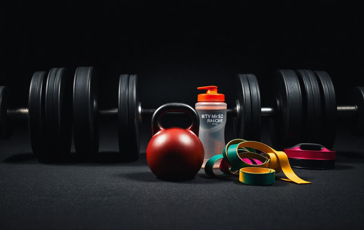Halteres, barra com anilhas, kettlebell e shaker em piso de academia com iluminação dramática