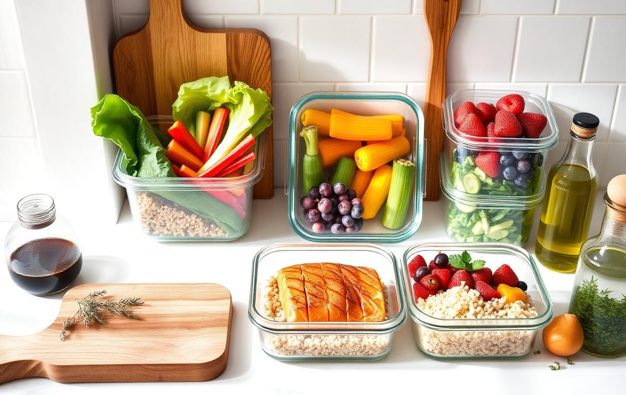Potes de meal prep com legumes coloridos, salmão, quinoa e frutas em bancada de cozinha clara