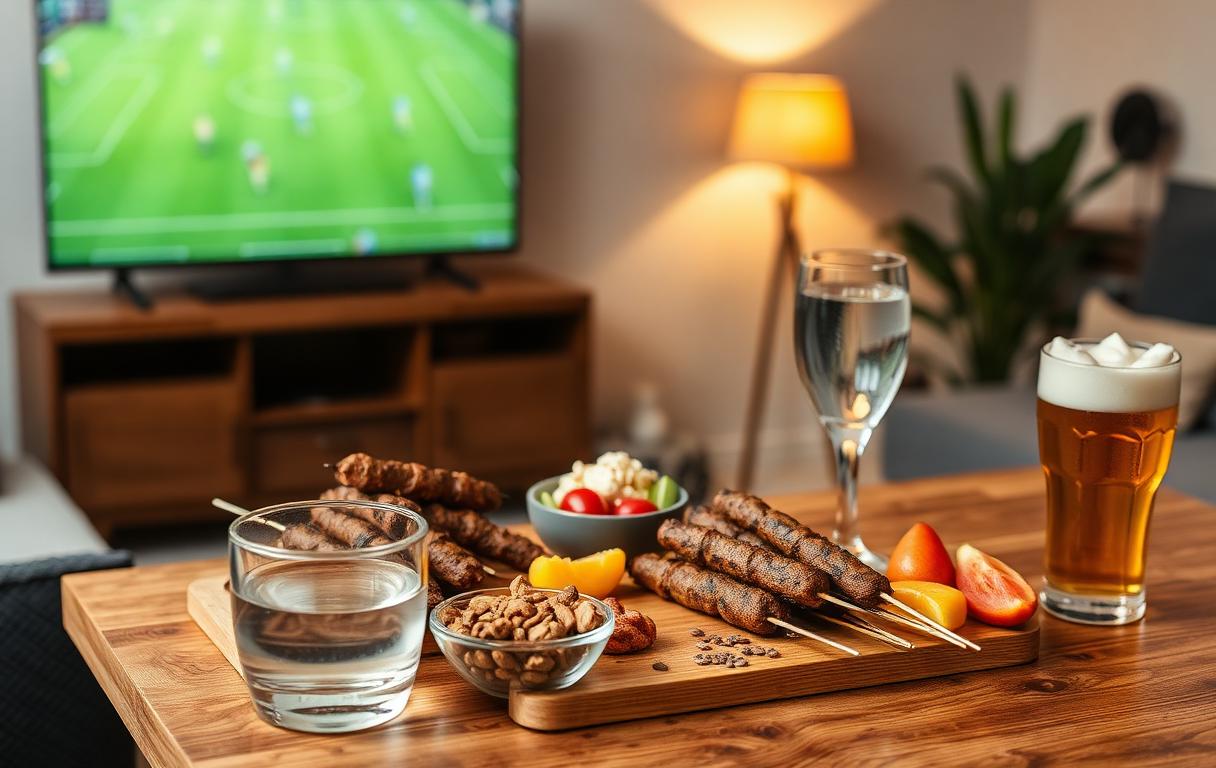 Mesa de petiscos mais saudáveis para assistir ao futebol: espetinhos grelhados, castanhas, frutas e copo de água ao lado de uma cerveja