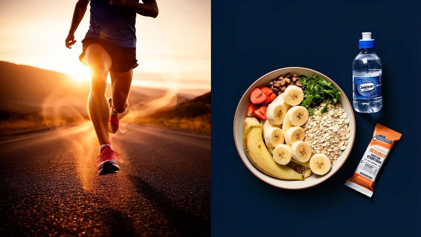 Corredor em estrada ao pôr do sol ao lado de bowl com banana, aveia, frutas e garrafa de água