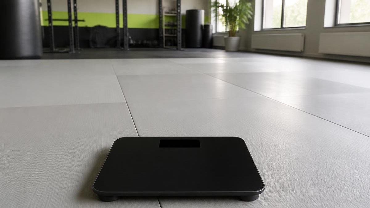 Balança digital preta de piso com visor apagado apoiada sobre tatame cinza claro em academia vazia sob luz natural lateral
