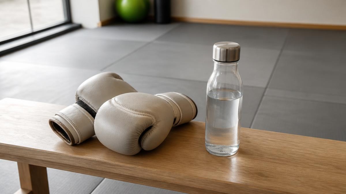 Par de luvas de boxe de couro em tom neutro sobre banco de madeira clara ao lado de garrafa de água de vidro, com tatame cinza claro ao fundo sob luz natural