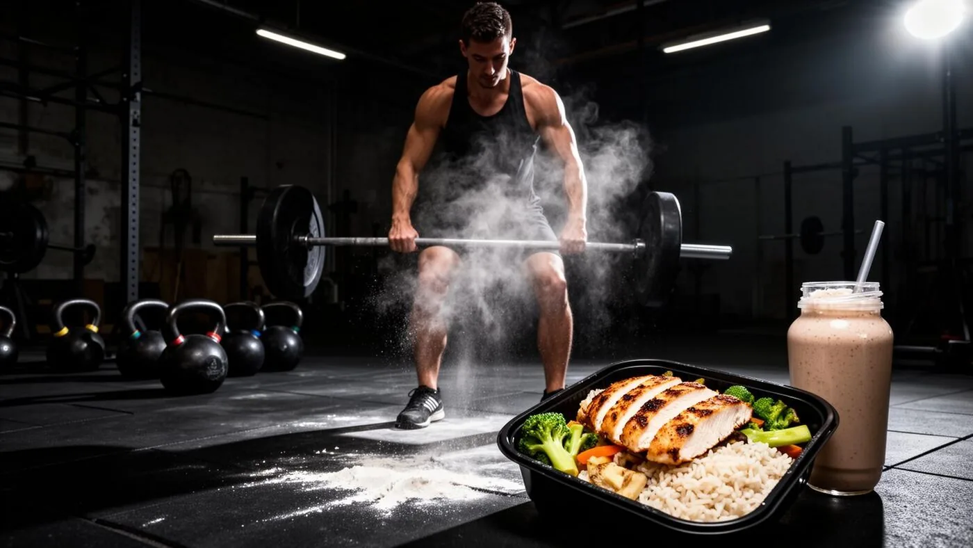 Atleta de CrossFit levantando barra em box escuro ao lado de marmita com frango, arroz e legumes e shake de whey