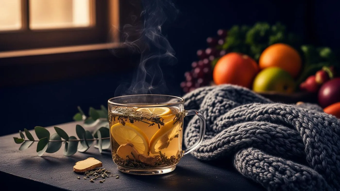 Xícara de chá quente com limão e gengibre ao lado de manta de tricô e frutas, ambientação aconchegante de inverno
