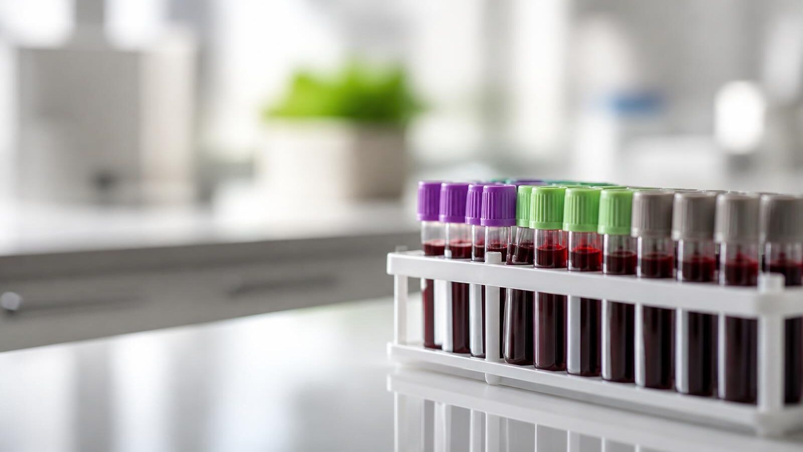 Suporte de laboratório com tubos de coleta de sangue de tampas coloridas sobre bancada branca limpa, com fundo desfocado e luz natural suave