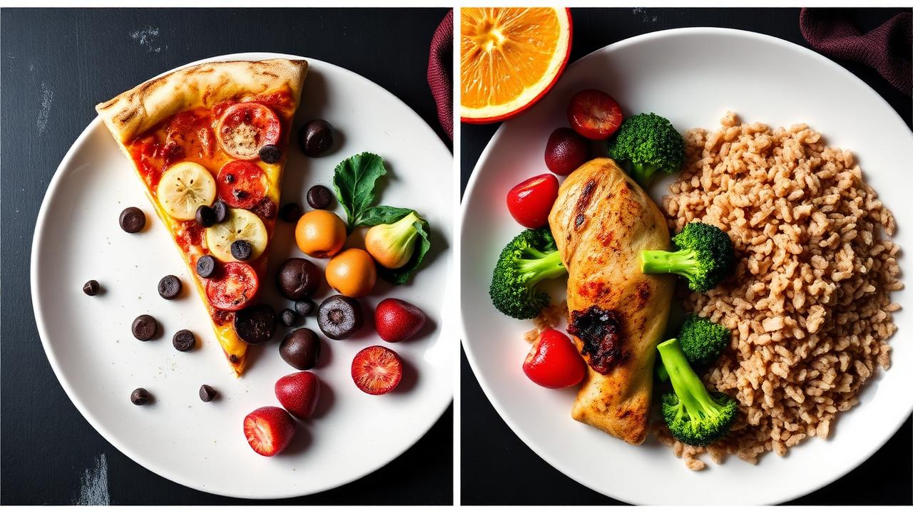 Composição lado a lado de prato com pizza, chocolate e frutas versus prato com frango grelhado, brócolis e arroz integral