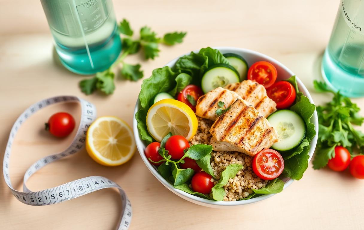 Bowl com salada verde, frango grelhado, tomate, pepino e quinoa ao lado de fita métrica e garrafa de água