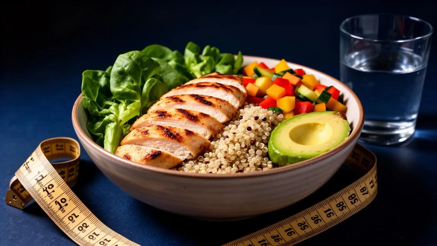 Bowl com frango grelhado, quinoa, folhas verdes, abacate e legumes ao lado de fita métrica e copo de água