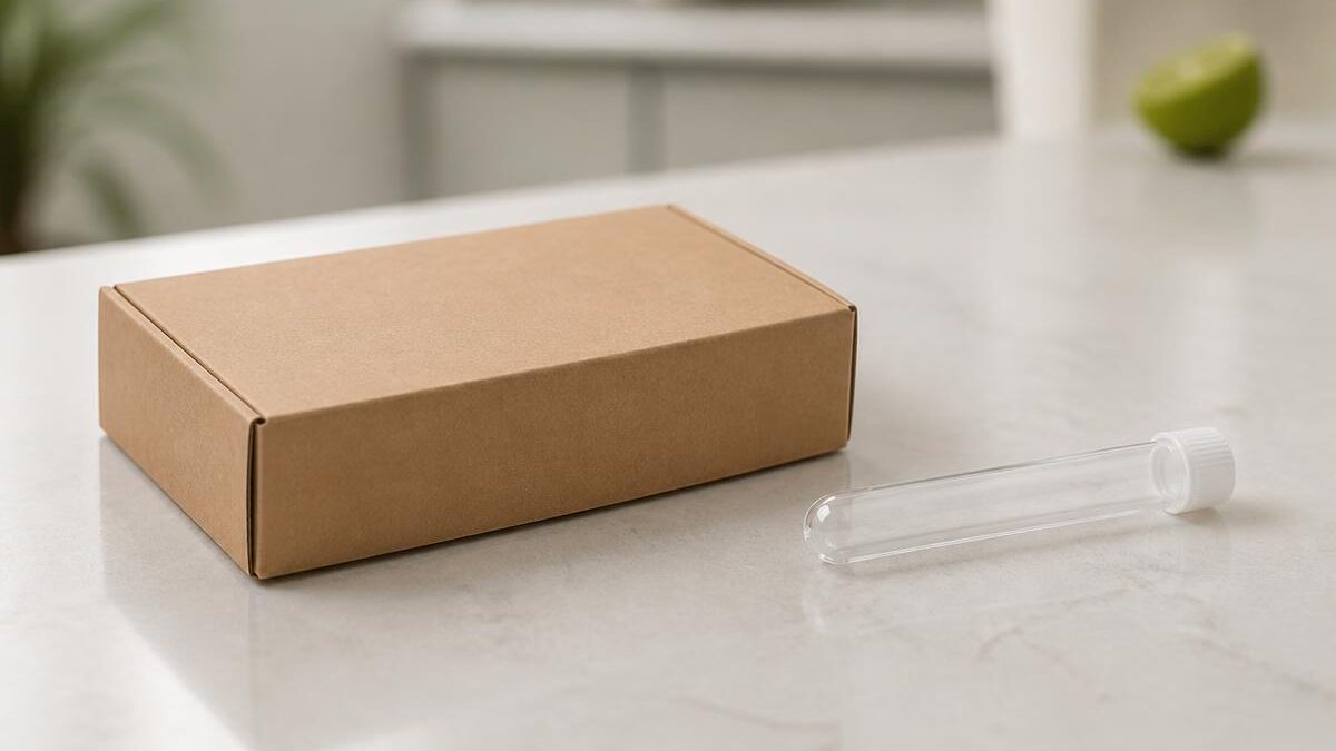 Kit de coleta domiciliar sobre bancada de pedra clara, com caixa de papelão kraft fechada sem impressão ao lado de tubo plástico transparente com tampa