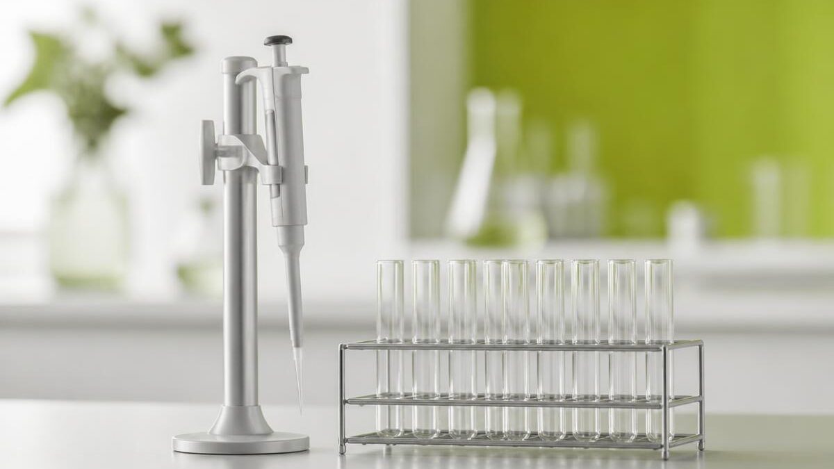 Bancada de laboratório clínico com micropipeta de precisão em suporte e fileira de tubos de ensaio de vidro vazios sem etiqueta em estante metálica, sob luz natural lateral