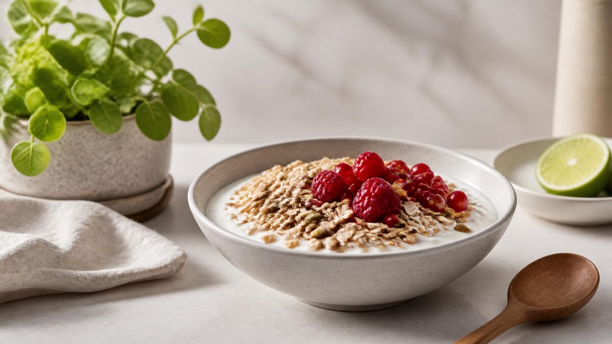 Tigela funda de iogurte natural coberta com aveia, sementes e frutas vermelhas sobre bancada clara, ao lado de colher de madeira, com luz natural da manhã