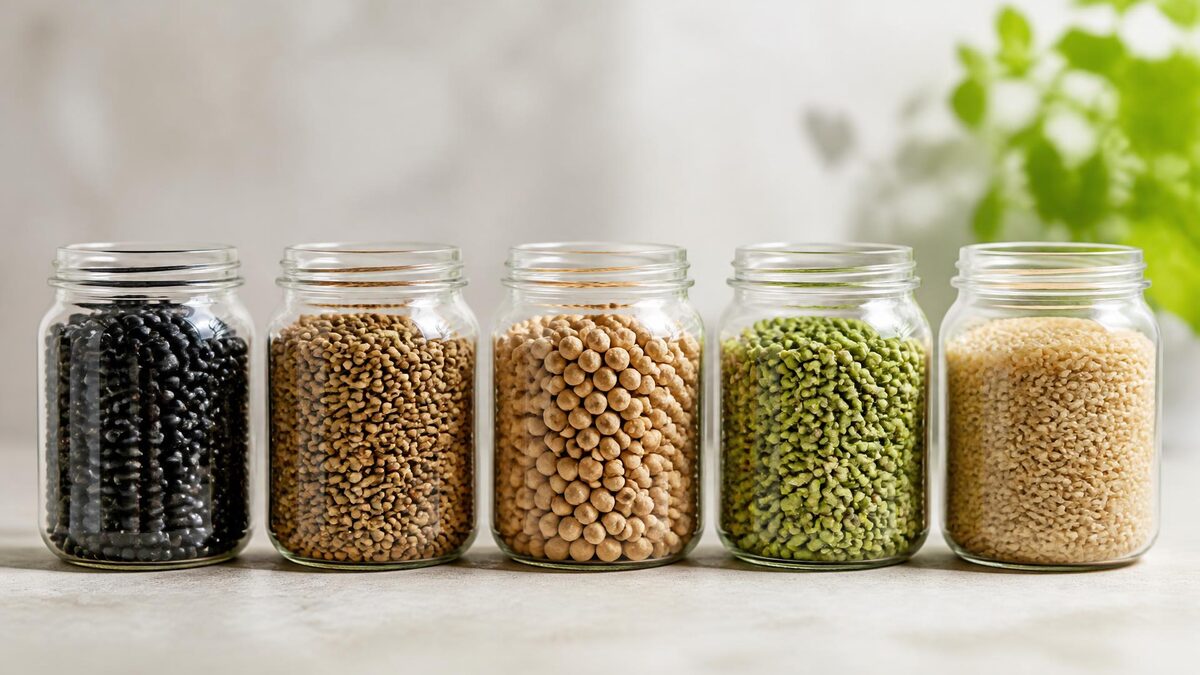 Cinco potes de vidro sem rótulo alinhados sobre bancada de pedra clara, com feijão preto, lentilha, grão de bico, ervilha seca e arroz integral, sob luz natural difusa