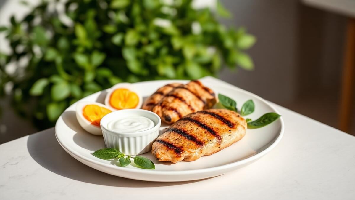 Refeição rica em proteína servida em prato branco fosco sobre bancada de pedra clara, com ovos cozidos cortados ao meio, filé de frango grelhado, pote pequeno de iogurte natural e folhas verdes ao lado, sob luz natural da manhã