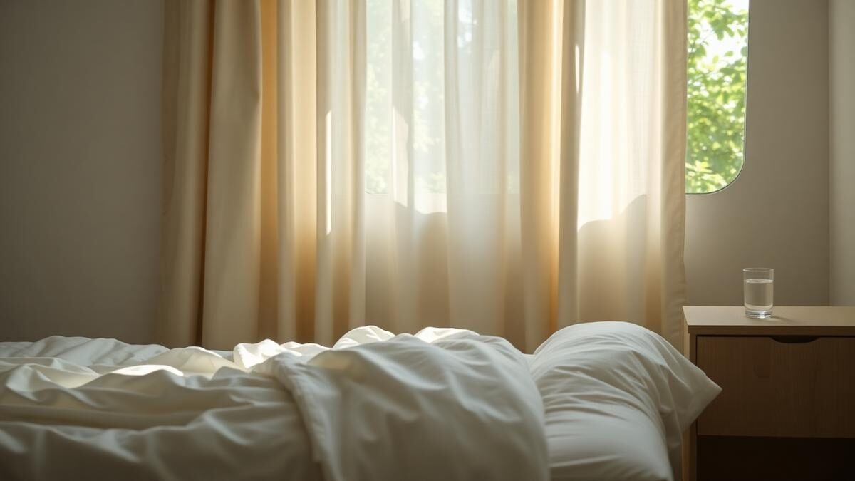 Quarto arrumado no fim da tarde com roupa de cama branca, cortina de linho clara filtrando a luz e copo de água sobre mesa de cabeceira de madeira clara