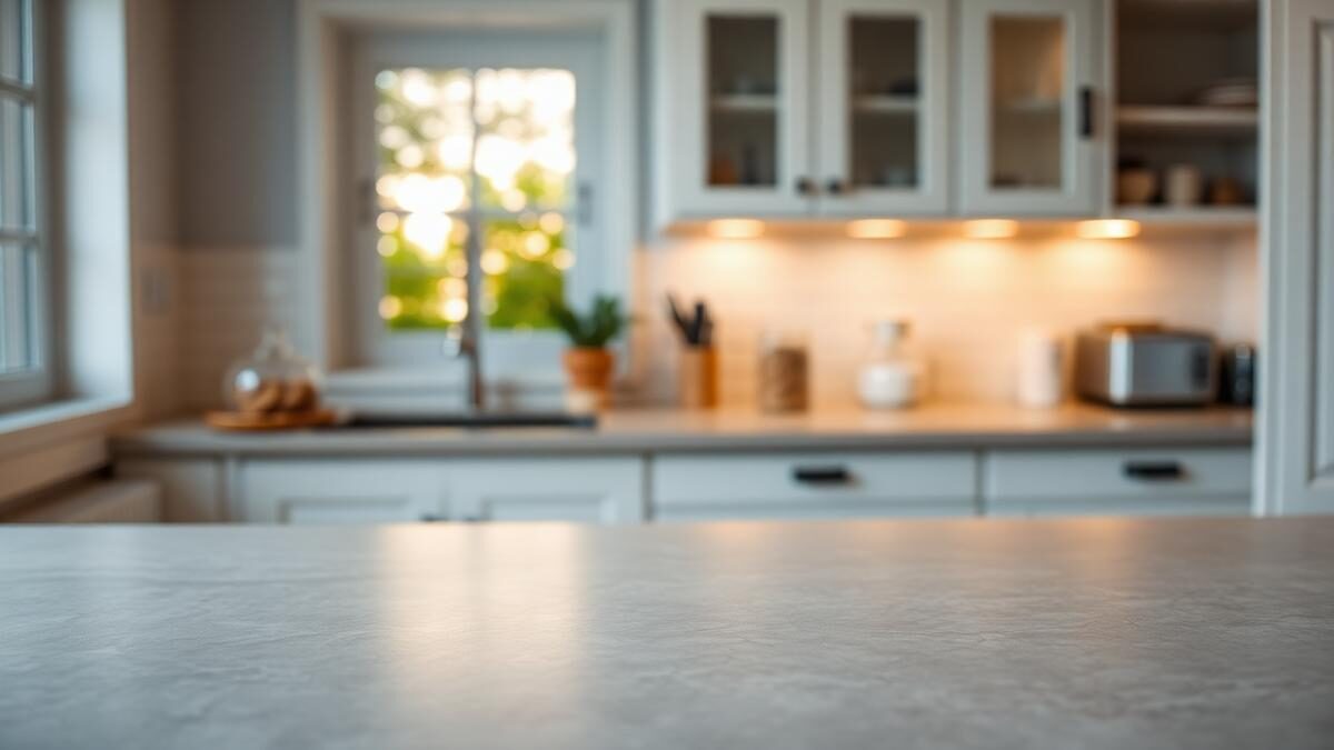 Cozinha vazia e silenciosa ao entardecer, com bancada de pedra clara limpa em primeiro plano e um pote de vidro fechado com biscoitos ao fundo desfocado, sob luz natural morna de janela lateral