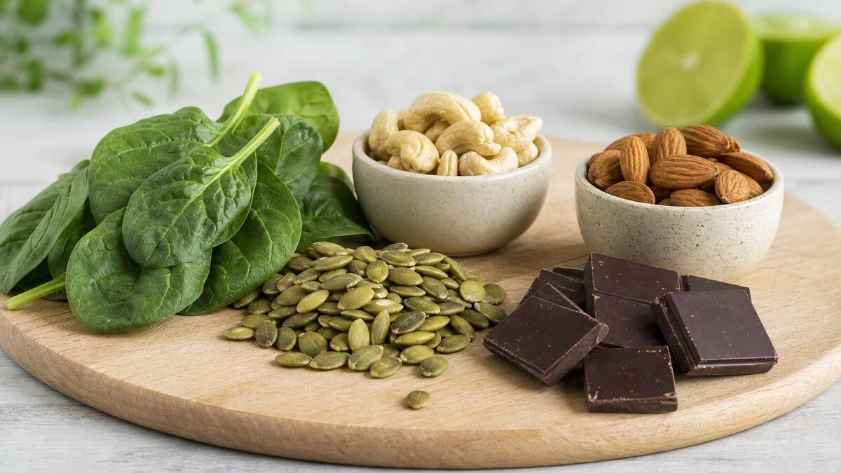 Composição de alimentos ricos em magnésio sobre tábua de madeira clara com folhas verdes escuras, sementes de abóbora, castanhas, amêndoas e pedaços de chocolate amargo