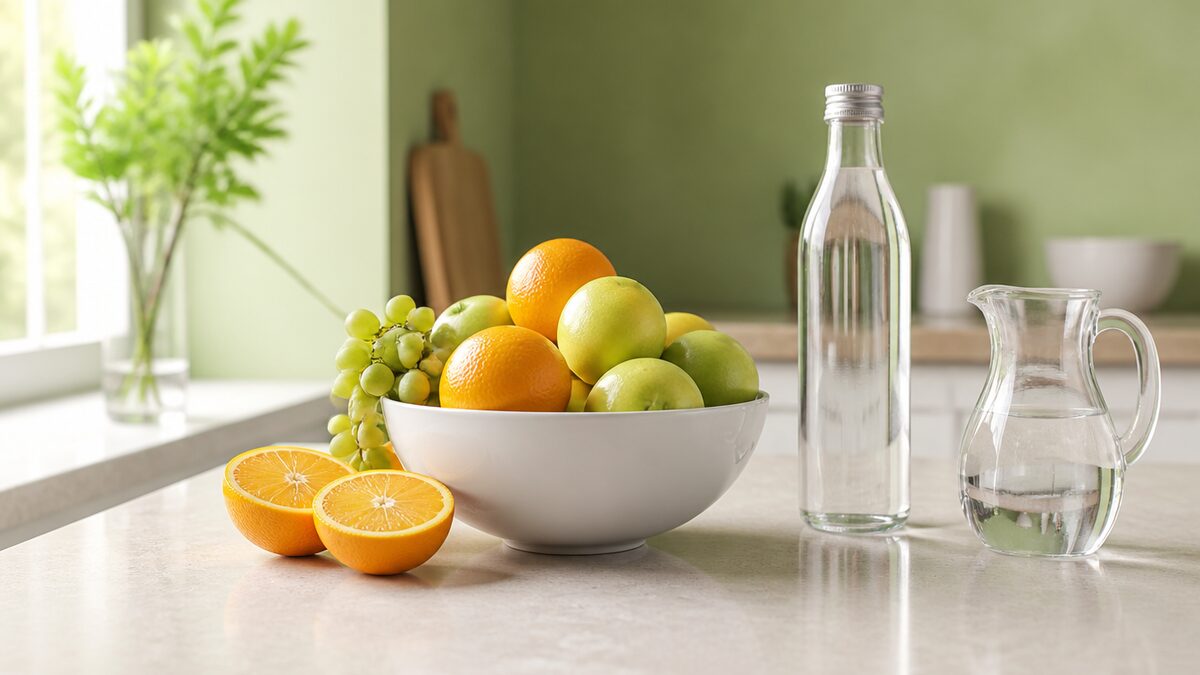 Bancada de pedra clara com tigela branca de frutas frescas, laranjas partidas ao meio, garrafa de vidro com água e jarra, em composição limpa sob luz natural