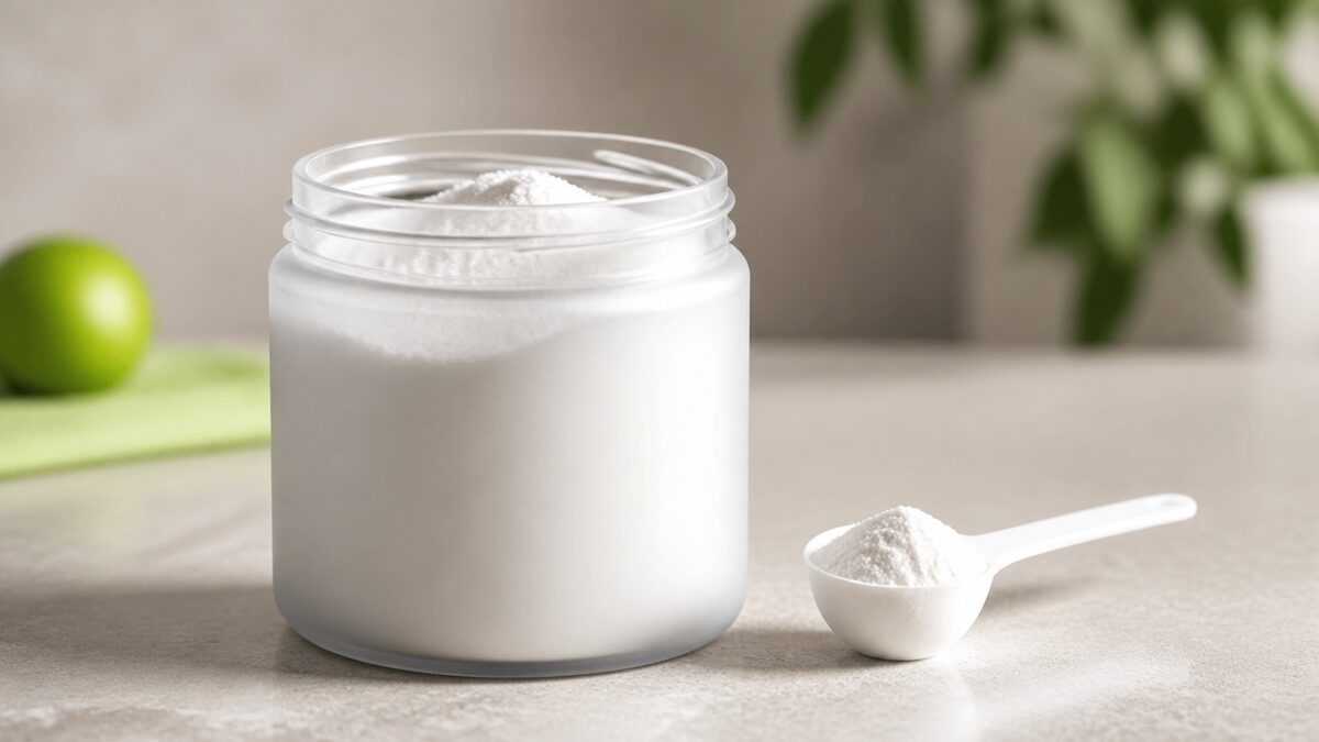 Pote de vidro fosco sem rótulo aberto com suplemento em pó branco sobre bancada de pedra clara, ao lado de colher dosadora branca, sob luz natural lateral