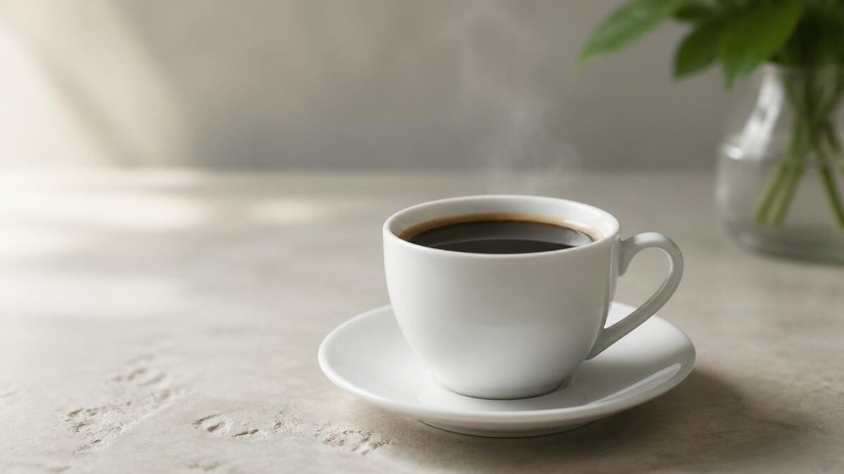 Xícara branca de café preto sobre pires em bancada de pedra clara, com vapor sutil subindo e fundo desfocado
