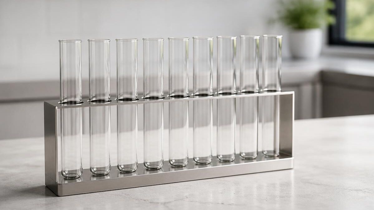 Bancada de laboratório clínico minimalista com fileira curta de tubos de ensaio de vidro vazios e sem etiqueta em estante metálica de aço escovado sob luz natural de janela lateral