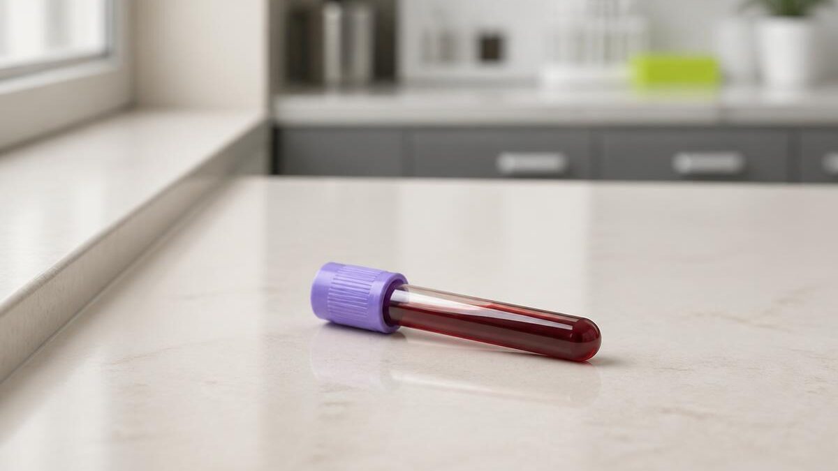 Tubo de coleta de sangue de vidro transparente com tampa lilás lisa e sem rótulo, deitado sozinho sobre bancada de pedra clara sob luz natural lateral