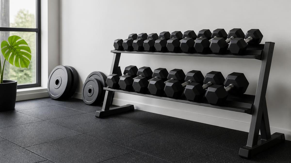 Halteres alinhados em rack de aço e anilhas encostadas na parede de uma academia com piso de borracha escuro e luz natural entrando por janela lateral