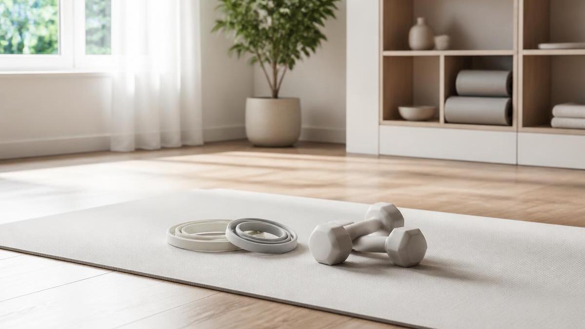 Faixas elásticas de treino enroladas e dois halteres leves apoiados sobre tapete de exercício claro em sala com piso de madeira e luz natural de janela