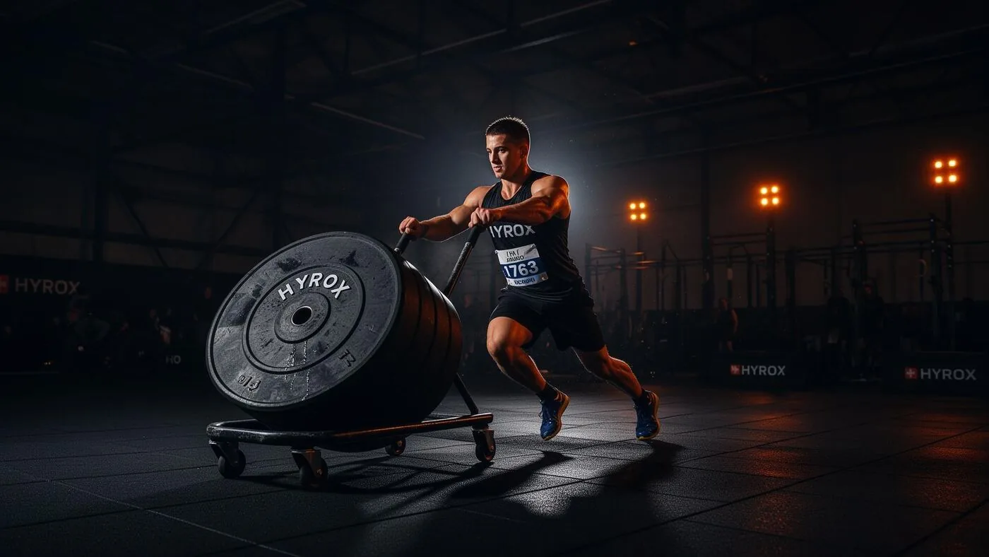 Atleta empurrando sled HYROX em arena escura com iluminação dramática