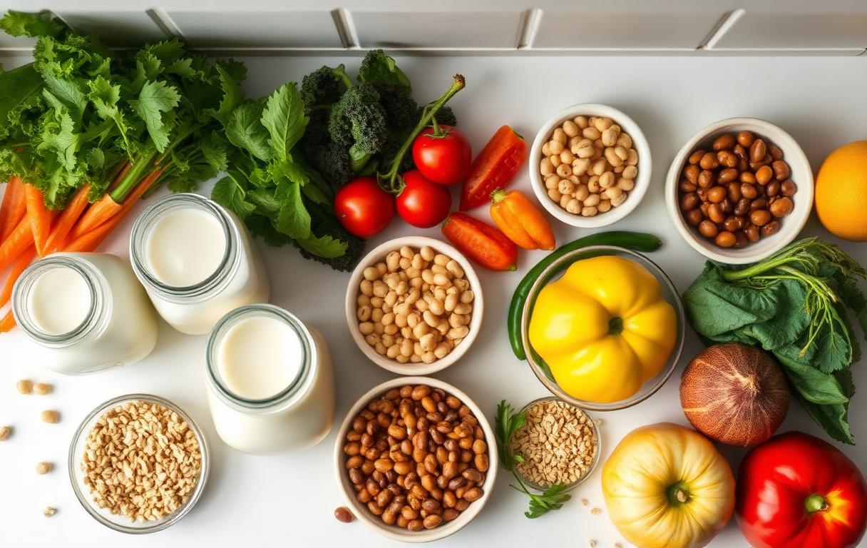 Bancada de cozinha clara com iogurte natural, kefir, vegetais variados, leguminosas, aveia e frutas com casca dispostos sob luz natural, representando alimentos que nutrem a microbiota intestinal