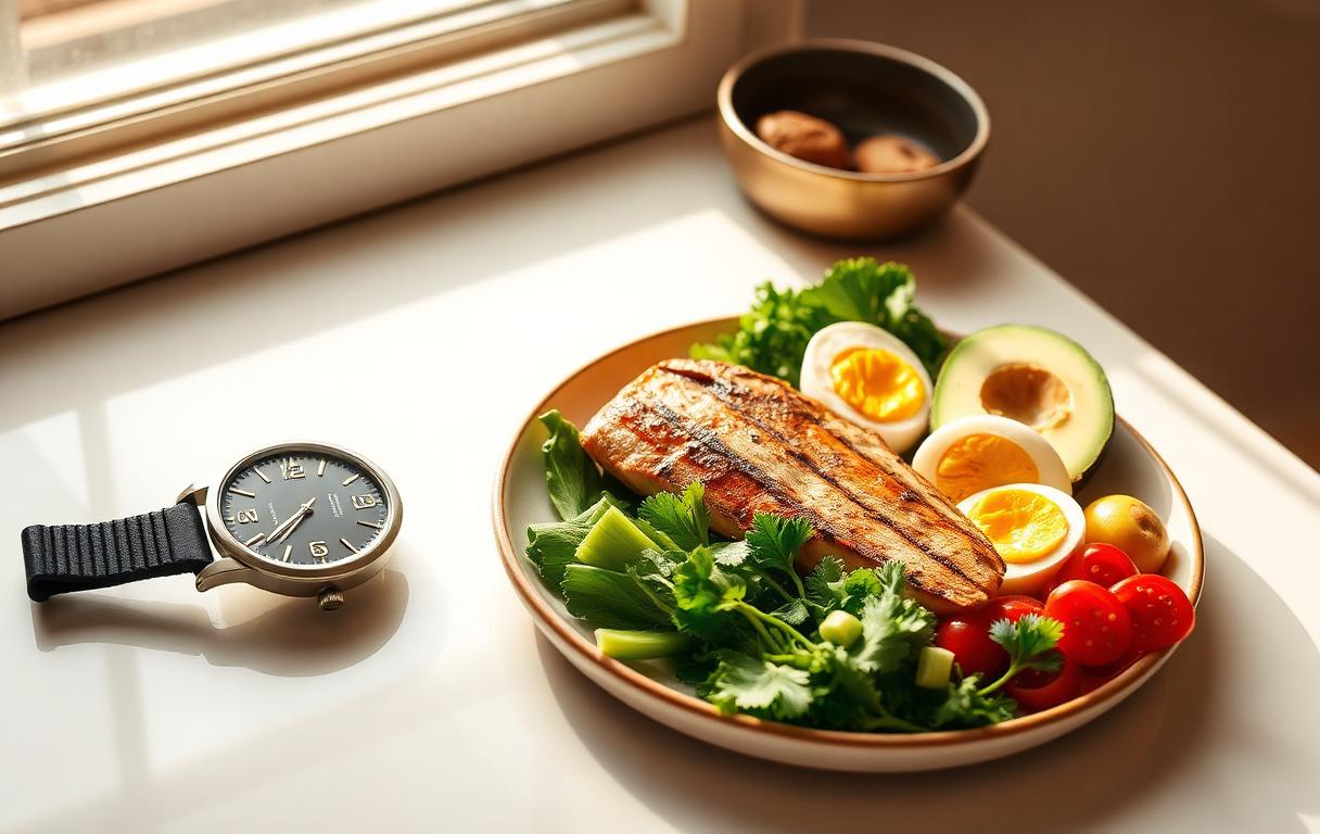 Bancada de cozinha clara com relógio ao lado de prato saudável com frango grelhado, ovos, abacate e vegetais frescos