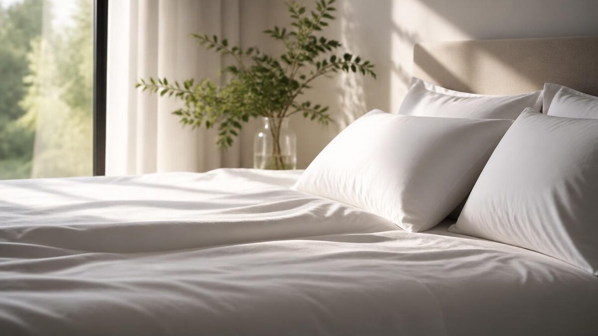 Cama arrumada com lençóis e travesseiros brancos em quarto claro e minimalista, com luz natural da manhã entrando pela janela lateral e planta verde desfocada ao fundo